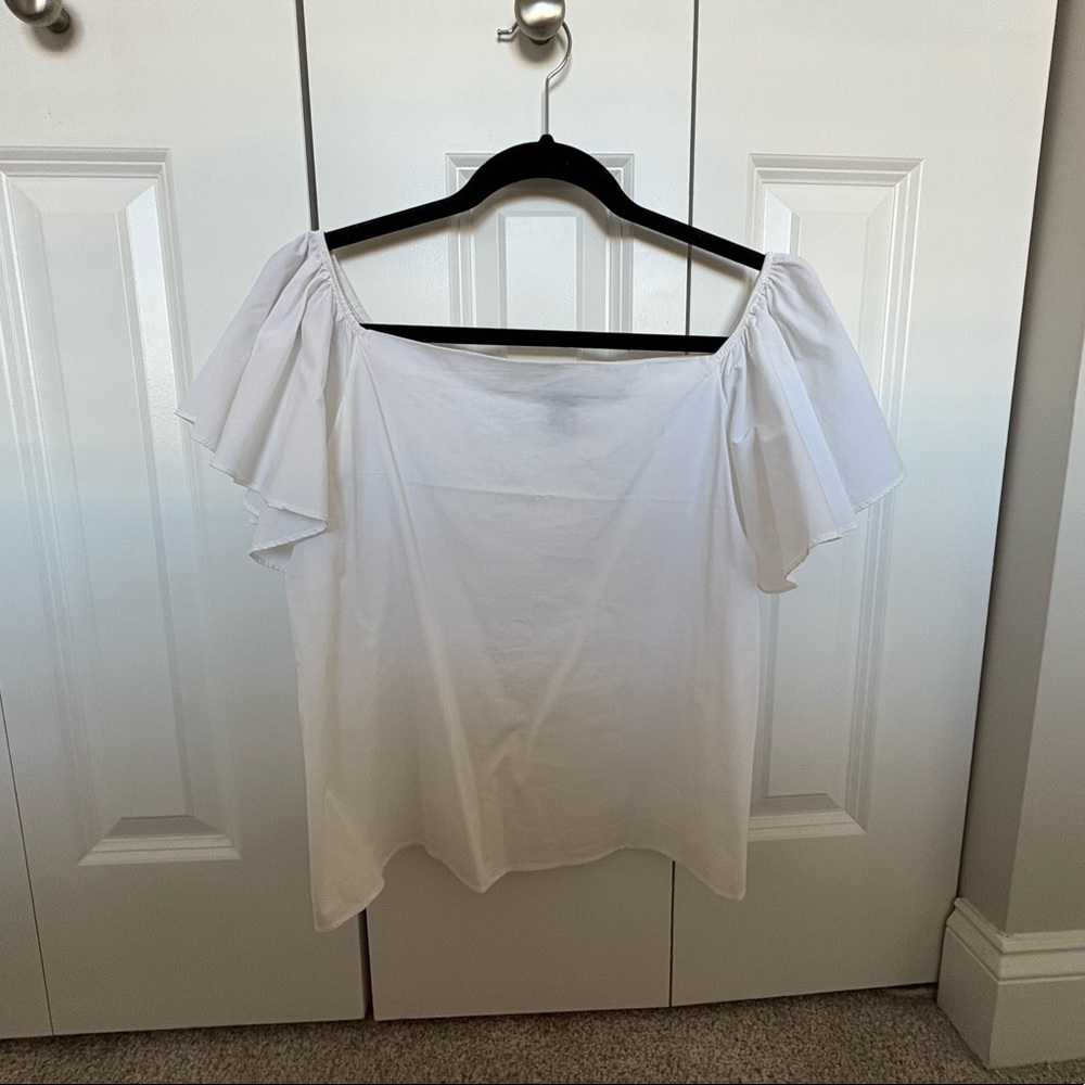 Aqua white off the shoulder top with flare short sleeves